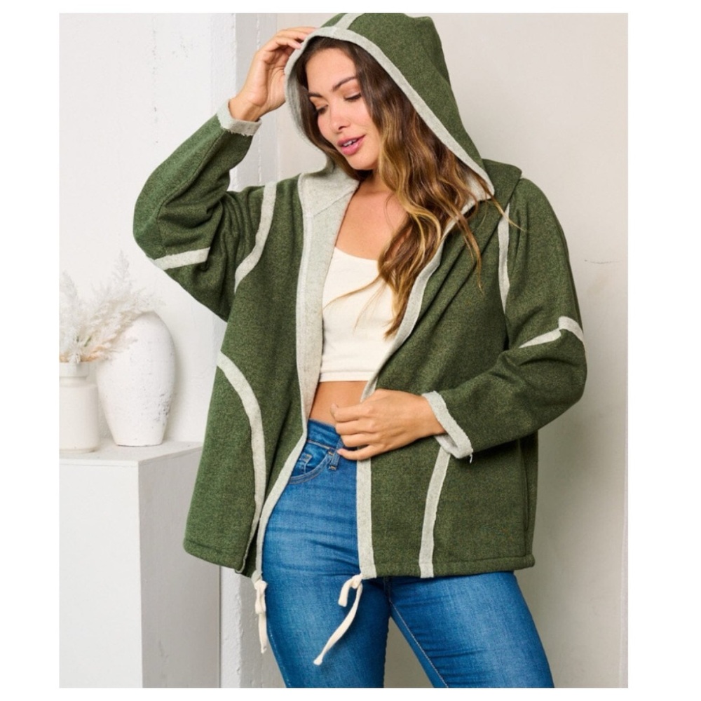 Olive Green and Cream Hooded Cardigan